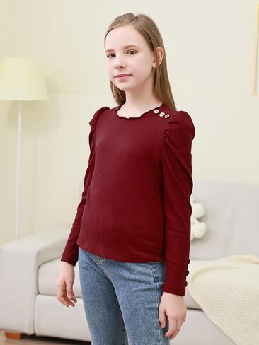 GORLYA بنات منتفخ كم طويل قمصان عادية زر الخس مضلع متماسكة بلوزة المحملة القمم 8-16Y in Kuwait