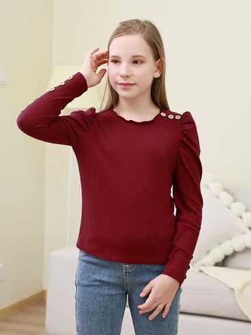 GORLYA بنات منتفخ كم طويل قمصان عادية زر الخس مضلع متماسكة بلوزة المحملة القمم 8-16Y in Kuwait