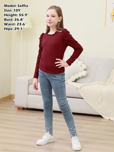 GORLYA بنات منتفخ كم طويل قمصان عادية زر الخس مضلع متماسكة بلوزة المحملة القمم 8-16Y in Kuwait