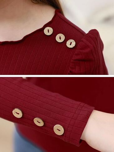 GORLYA بنات منتفخ كم طويل قمصان عادية زر الخس مضلع متماسكة بلوزة المحملة القمم 8-16Y in Kuwait