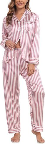 BestWendding Womens Satin Pajama Set Soft Long Sleeve Button Down Sleepwear 2 Piece Striped Lounge Sets with Pocket in Saudi Arabia