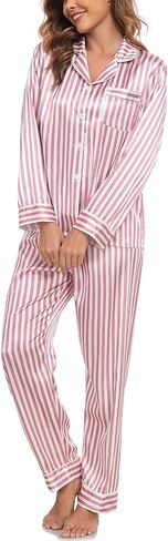 BestWendding Womens Satin Pajama Set Soft Long Sleeve Button Down Sleepwear 2 Piece Striped Lounge Sets with Pocket in Saudi Arabia