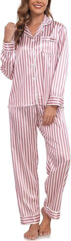 BestWendding Womens Satin Pajama Set Soft Long Sleeve Button Down Sleepwear 2 Piece Striped Lounge Sets with Pocket in Saudi Arabia
