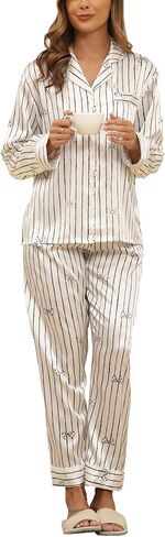 BestWendding Womens Satin Pajama Set Soft Long Sleeve Button Down Sleepwear 2 Piece Striped Lounge Sets with Pocket in Kuwait