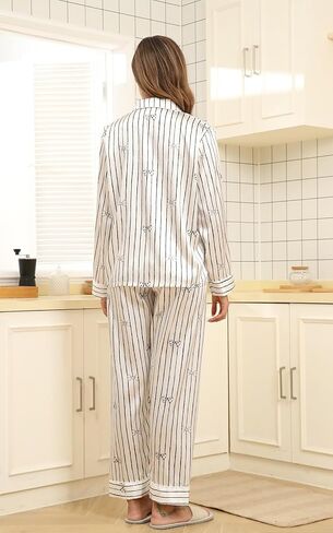 BestWendding Womens Satin Pajama Set Soft Long Sleeve Button Down Sleepwear 2 Piece Striped Lounge Sets with Pocket in Kuwait