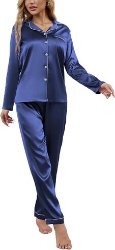 Women's Classic Button Down Long Satin Silk Pajama Set 2 piece pajama set for women silky pajama set for women in Saudi Arabia