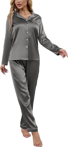Women's Classic Button Down Long Satin Silk Pajama Set 2 piece pajama set for women silky pajama set for women in Kuwait