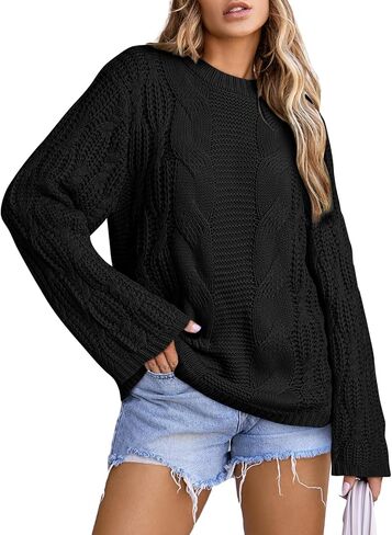 EVALESS Sweaters for Women 2024 Trendy Casual Crewneck Long Sleeve Cable Knit Pullover Sweaters Tops Fall Clothes in Saudi Arabia