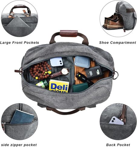 Dimayar Duffle Bag for Men,Leather Canvas Travel Duffel Bags,Overnight Weekender Carry on Luggage Bag with Shoes Compartment and Adjustable Strap Grey in Saudi Arabia