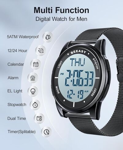Beeasy Unisex Digital Watch Fashion Sleek Minimalist Mesh Stainless Steel with Alarm Waterproof Chronograph Watches for Men/Women with Auto Date in Saudi Arabia