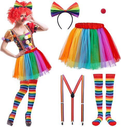 دوريو 5 قطع زي المهرج للنساء السيرك قوس قزح زي الهالوين زي الجوكر المهرج مجموعة إكسسوارات in Kuwait