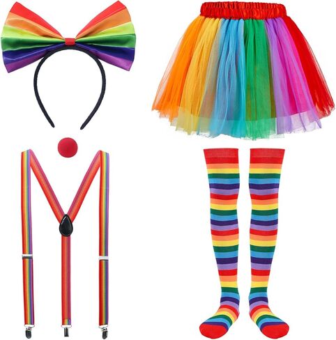 دوريو 5 قطع زي المهرج للنساء السيرك قوس قزح زي الهالوين زي الجوكر المهرج مجموعة إكسسوارات in Kuwait