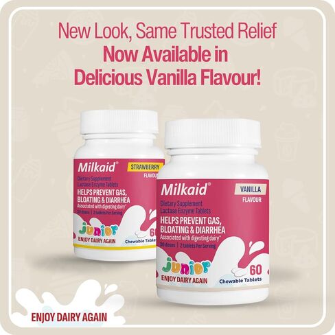 أقراص ميلكايد جونيور لاكتاز إنزيم القابلة للمضغ لعلاج عدم تحمل اللاكتوز | يمنع الغازات والانتفاخ والإسهال عند الأطفال| مكمل هضمي سريع المفعول للألبان للأطفال| 60 قيراط (60 قرص، عنب) in Kuwait