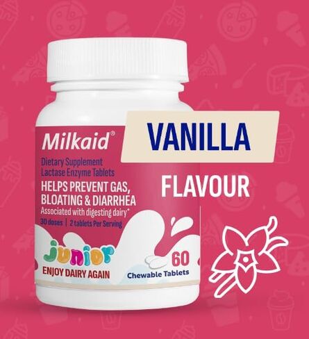 أقراص ميلكايد جونيور لاكتاز إنزيم القابلة للمضغ لعلاج عدم تحمل اللاكتوز | يمنع الغازات والانتفاخ والإسهال عند الأطفال| مكمل هضمي سريع المفعول للألبان للأطفال| 60 قيراط (60 قرص، عنب) in Kuwait