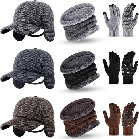 Coume 9 قطع قبعة شتوية قبعة وشاح لتدفئة الرقبة وقفازات شاشة تعمل باللمس مجموعة للرجال البالغين قفازات لمس كاملة الأصابع قبعة مع حافة الأذن وشاح رفرف قفازات ناعمة دافئة in Kuwait