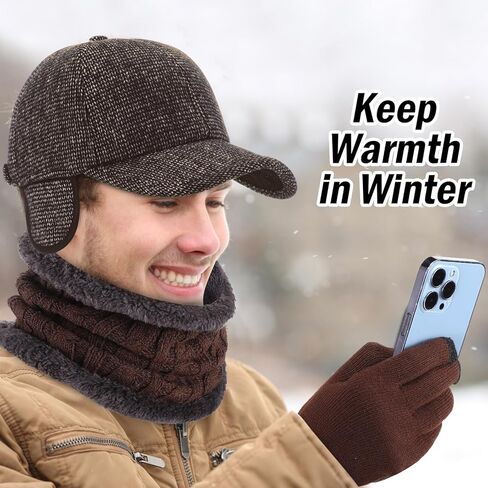 Coume 9 قطع قبعة شتوية قبعة وشاح لتدفئة الرقبة وقفازات شاشة تعمل باللمس مجموعة للرجال البالغين قفازات لمس كاملة الأصابع قبعة مع حافة الأذن وشاح رفرف قفازات ناعمة دافئة in Kuwait