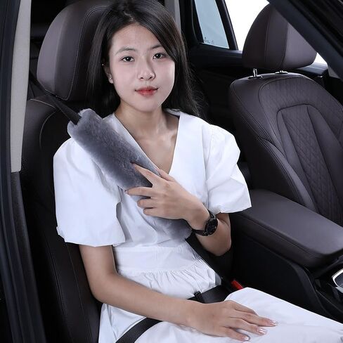 2 Pack 13.4inch Big Plush Soft Wool Sheepskin Seat Belt Cushion, Fluffy Seatbelt Cover Pad for Pacemaker Adults Kids Women Universal Auto Accessory, Grey in Kuwait