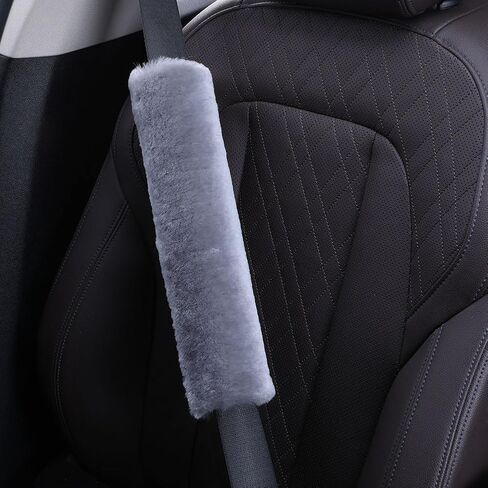2 Pack 13.4inch Big Plush Soft Wool Sheepskin Seat Belt Cushion, Fluffy Seatbelt Cover Pad for Pacemaker Adults Kids Women Universal Auto Accessory, Grey in Kuwait
