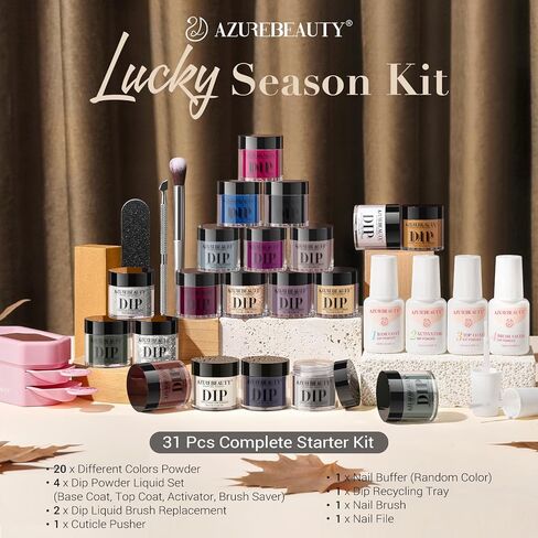 AZUREBEAUTY 31Pcs Dip Powder Nail Kit Starter, 20 Colors Purple Blue Glitter Dipping Powder Recycling Tray Essential Liquid Set with Base Top Coat Activator for French Dip Nails Art Manicure Set Beginner DIY Salon Women Gift in Kuwait