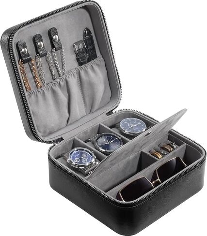 ProCase Travel Watch Case, 3 Slots Leather Mens Jewelry Box, Portable Watches Cufflinks Accessories Storage Case, Zippered Carrying Organizer Bag for Man -Black in Kuwait