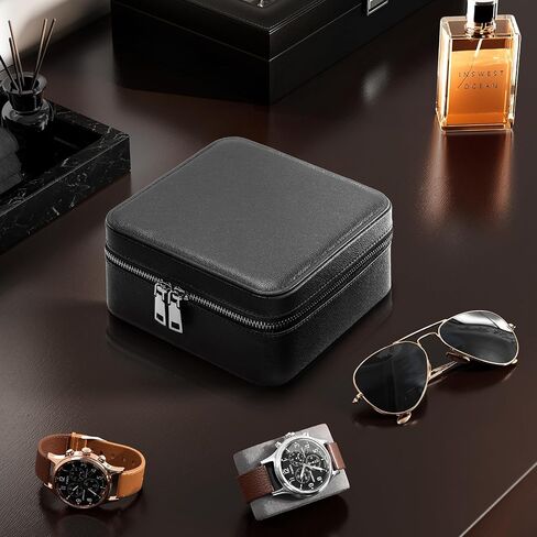 ProCase Travel Watch Case, 3 Slots Leather Mens Jewelry Box, Portable Watches Cufflinks Accessories Storage Case, Zippered Carrying Organizer Bag for Man -Black in Kuwait