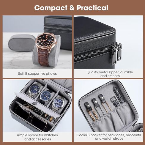 ProCase Travel Watch Case, 3 Slots Leather Mens Jewelry Box, Portable Watches Cufflinks Accessories Storage Case, Zippered Carrying Organizer Bag for Man -Black in Kuwait
