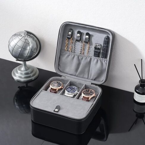 ProCase Travel Watch Case, 3 Slots Leather Mens Jewelry Box, Portable Watches Cufflinks Accessories Storage Case, Zippered Carrying Organizer Bag for Man -Black in Kuwait