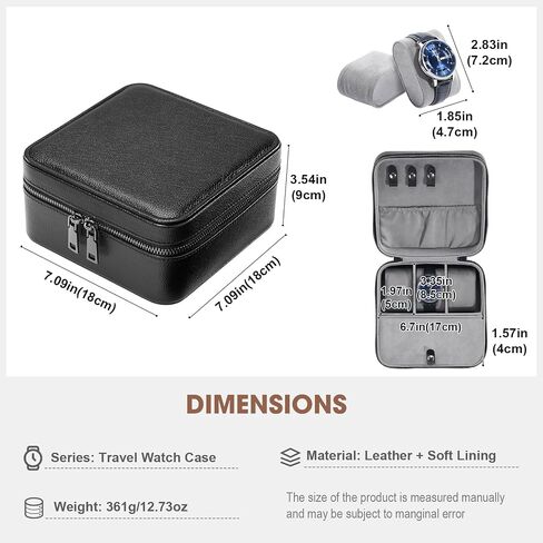 ProCase Travel Watch Case, 3 Slots Leather Mens Jewelry Box, Portable Watches Cufflinks Accessories Storage Case, Zippered Carrying Organizer Bag for Man -Black in Kuwait