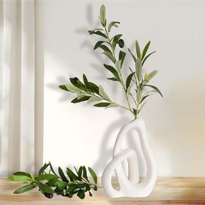 White Ceramic Vase Decor – 9" Tall Minimalist Vase with 18" Artificial Olive Branch, Nordic Boho Decor for Table Centerpiece, Shelf & Aesthetic Home Decorative Vase