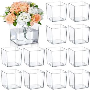 Tioncy 12 Pcs Clear Square Vase 6'' x 6'' Acrylic Flower Vase Plastic Vases for Centerpieces Acrylic Cube Plastic Vases Bulk Succulent Pots Planters for Plant Wedding Home Office Floral Decor