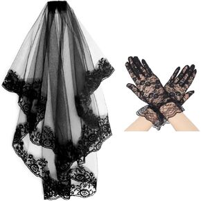 Fumwase Black Lace Veil Black Lace Short Gloves Halloween Veil with Comb and Gloves Black Veil Brides Wedding for Women Girls Halloween Wedding Costume Accessory Party (Black)