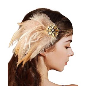 1920s Headband Champagne Feather Flapper Headpiece for Women, Roaring 20s Hair Accessories, Great Gatsby Style