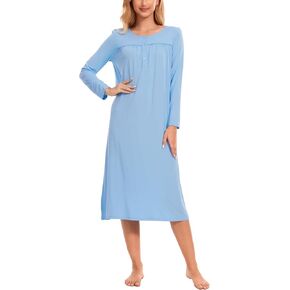 Women's Nightgowns Bamboo-Derived Viscose Long Sleeve Pajamas Dress Button Down Night Gowns