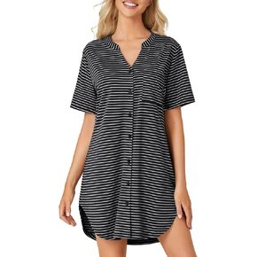 OPOIPIN Women's Nightshirt with Pocket Striped Button Down Short Sleeve Nightgown Nightdress