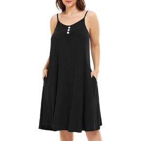 MONNURO Women's Full Slip Sleeveless Plus Size Sleepwear Night Dress V Neck Button Nightshirts with Pockets