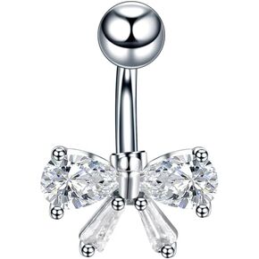 14G Bow Knot Belly Button Ring Surgical Stainless Steel Cubic Zirconia Ribbon Bow Navel Barbell Rings Body Piercing Stud Dainty Christmas Birthday Jewelry Gifts for Women Men Unisex