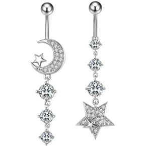 2Pcs Stainless Steel Star Moon Belly Button Rings 14G Clear CZ Dangle Belly Navel Rings Belly Barbell Sparkling Body Piercing Jewelry for Women