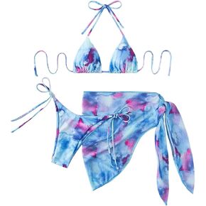 Women's 3 Piece Set Tie Dye Print Halter Bikini Sets with Cover Up Skirts