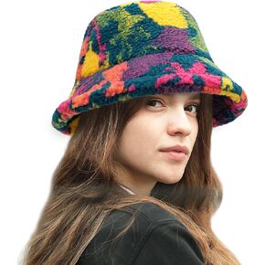 Gllutt Winter Fuzzy Faux Fur Bucket Hat Long Hair for Women Fashionable Warm Wide Brim