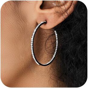 Black Earrings for Women S925 Rhinestone Hoop Earrings Black Hoop Earrings Large Big Hoop Earrings Hypoallergenic Jewelry 40/50/60 mm