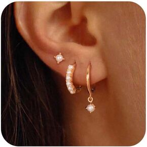 14K Gold Plated Small Dangle Hoop Earrings Set for Multiple Piercing Dainty Hypoallergenic Stud Earrings for Women Trendy Pearl Butterfly Bow CZ Clover Huggie Earring Fashion Womens Jewelry
