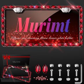 2 Pack Bling License Plate Frame for Women with High End Ribbon Gift Box Rhinestone Sparkly Diamond License Plate Holder, Handcrafted Crystal Premium Stainless Steel (Black Gem)