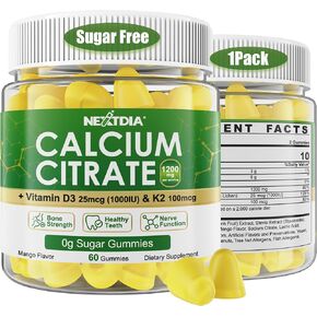 Calcium Citrate Gummies 1200mg with Vitamin D3 1000iu K2 100mcg Mk-7 Supports Bone, Muscle & Immune Health - Mango Flavor Chewable Calcium Supplement for All Ages, Vegan Calcium for Women,120 Cts