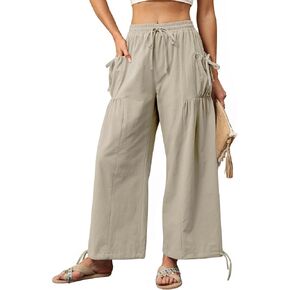 HVT Women's Wide Leg Pants with Pockets Boho Palazzo Trousers Pants High Waist Cotton Linen Loose Casual Lounge Pant