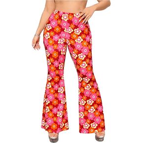 OYOANGLE Women's Plus Size Boho Floral Print Flare Pants Elastic High Waist Skinny Bell Bottoms