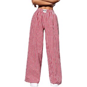 Milumia Women's Plaid Print Straight Leg Pants Elastic Waist Casual Trousers