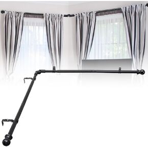 Corner Window Curtain Rod, 27-68 inch Adjustable Curtain Rods for Windows, Heavy Duty Metal Bay Window Curtain Rods, 1 Inch Black Curtain Rods for L-shaped Corner Windows, Bedroom, Living Room