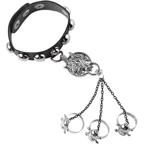 Vintage Gothic Leather Animal Finger Adjustable Rings Set Steampunk Skull Wolf Head Charm Hand Chain Harness Slave Bracelets Bangle