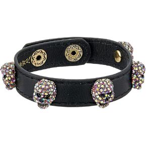 Betsey Johnson Halloween Black Leather with Multi-Color Stone Skulls Wrap Bracelet