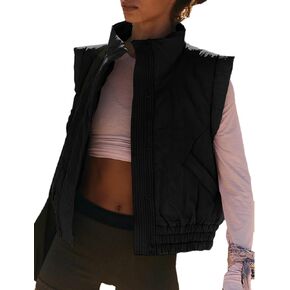 Womens Quilted Puffer Vest Winter Stand Collar Sleeveless Cropped Outerwear Warm Padded Gilet with Pockets